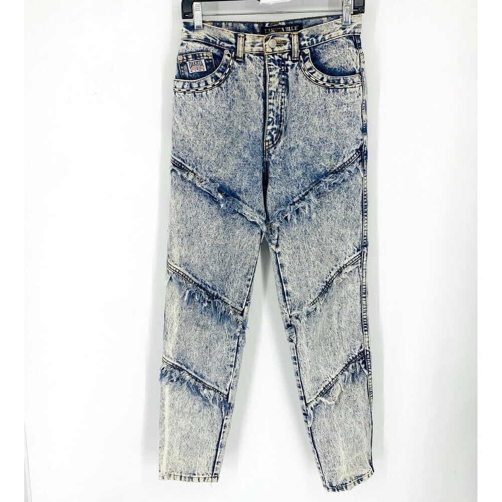 Vintage Dakota Blue Acid Wash Tapered Leg Stacked Fringe Jeans Size 7 Cheeky 80s